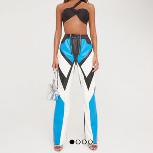 HIGH WAIST ZIP DETAIL MOTOCROSS STRAIGHT LEG TROUSERS IN BLUE MULTI FAUX LEATHER